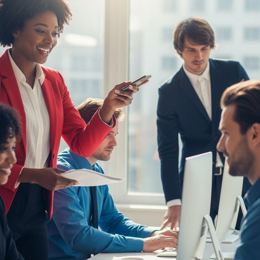 Una ragazza vestita di rosso organizza il suo team di lavoro