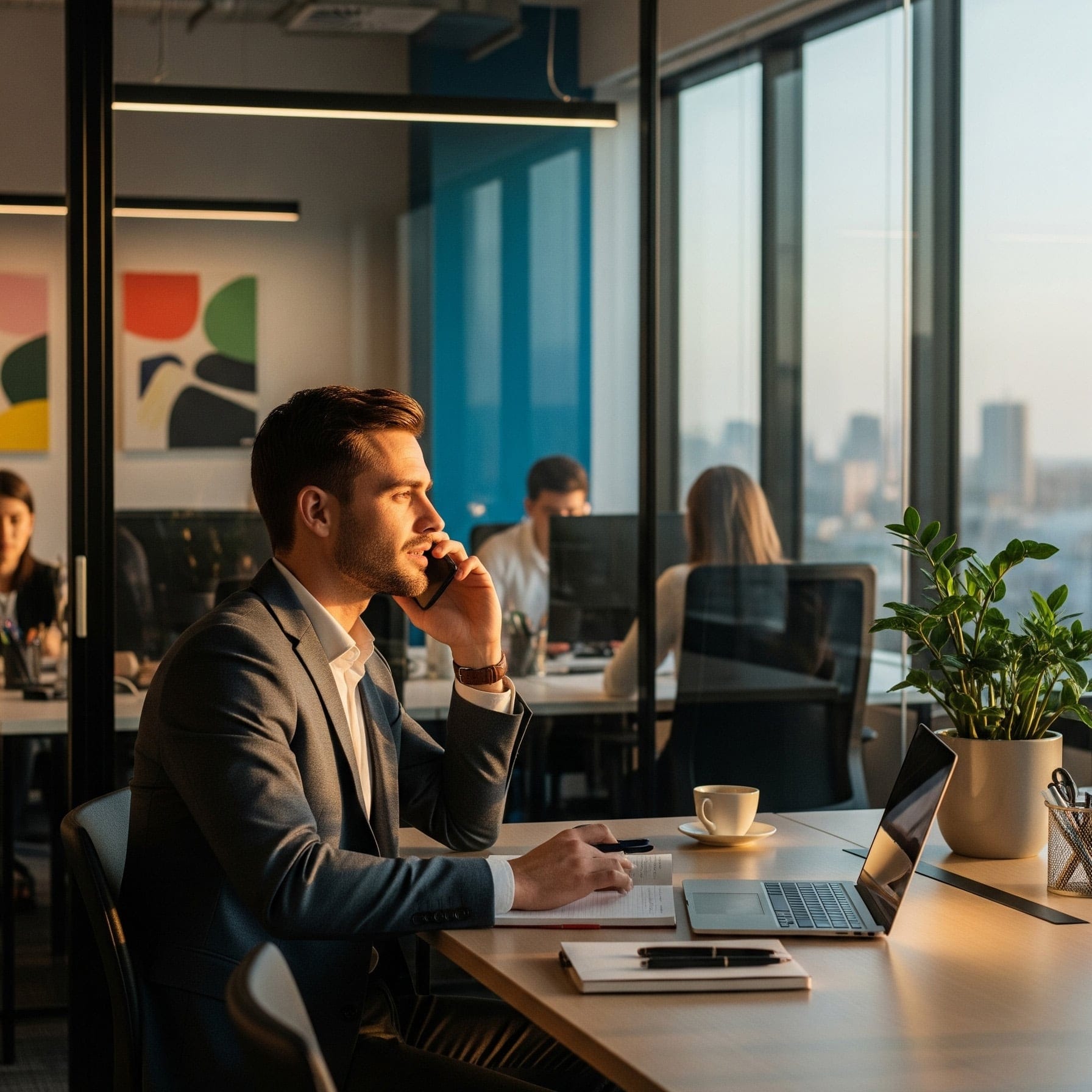 Primo piano di un ragazzo seduto alla propria scrivania, durante una telefonata.