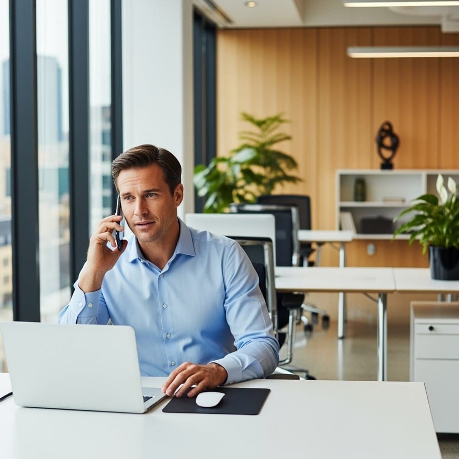 Scatto frontale di un uomo seduto alla propria scrivania durante una telefonata di lavoro