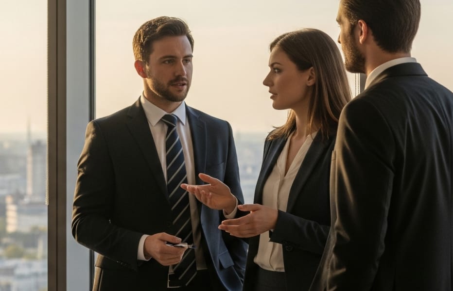 Tre colleghi discutono tra loro di fronte alla vetrata di un ufficio moderno