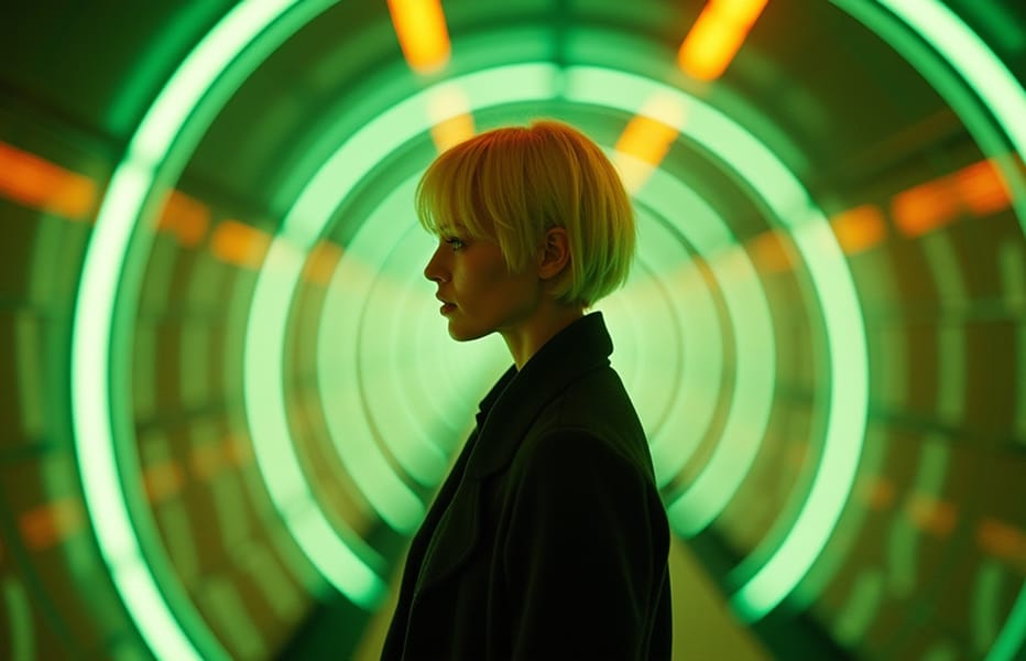 Ragazza di profilo sullo sfondo di uno scenario futuristico astratto