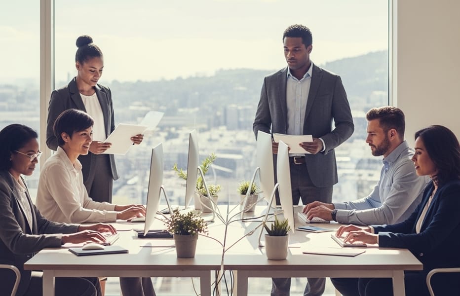 Team di sei colleghi organizza il lavoro in un ufficio moderno e ben illuminato