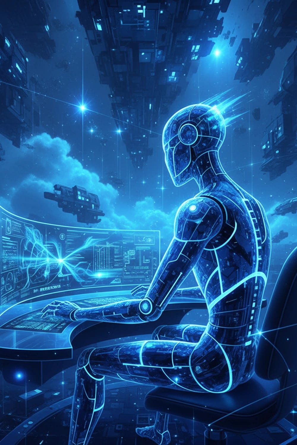 Un robot in stile futuristico mentre scrive su un laptop