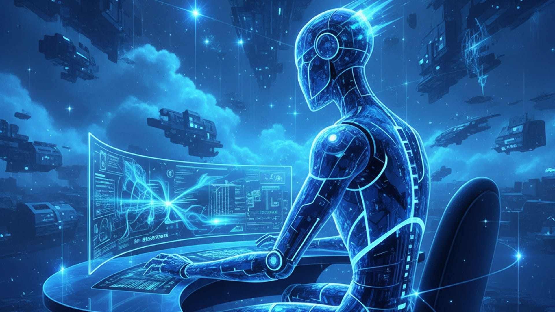 Un robot in stile futuristico mentre scrive su un laptop