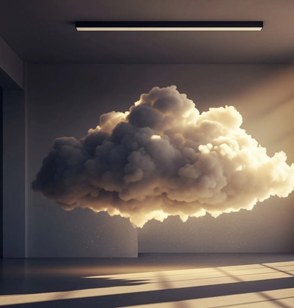 Immagine di una nuvola sospesa all'interno di una stanza moderna. La luce del sole la illumina da destra.
