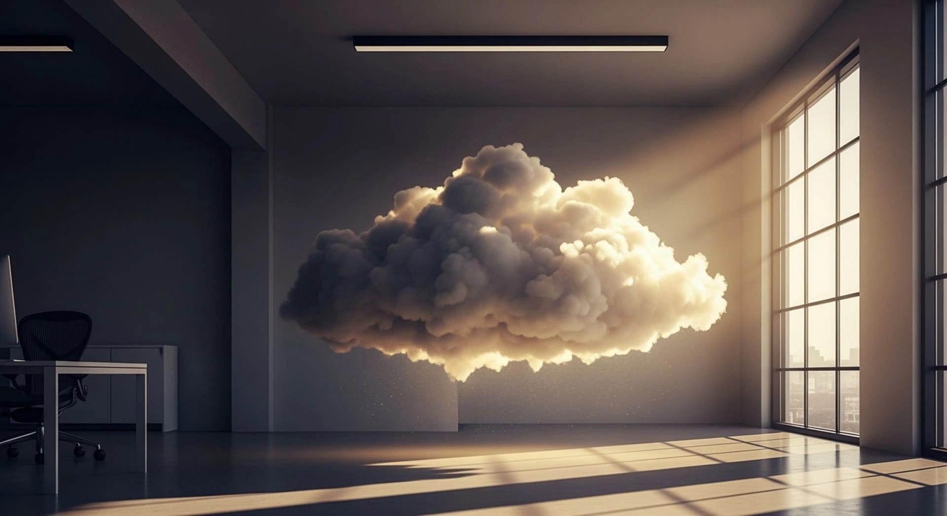Immagine di una nuvola sospesa all'interno di una stanza moderna. La luce del sole la illumina da destra.