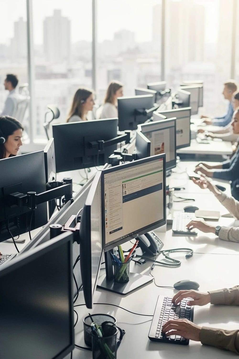 Ampio ufficio con numerose scrivanie occupate da addetti al customer care.