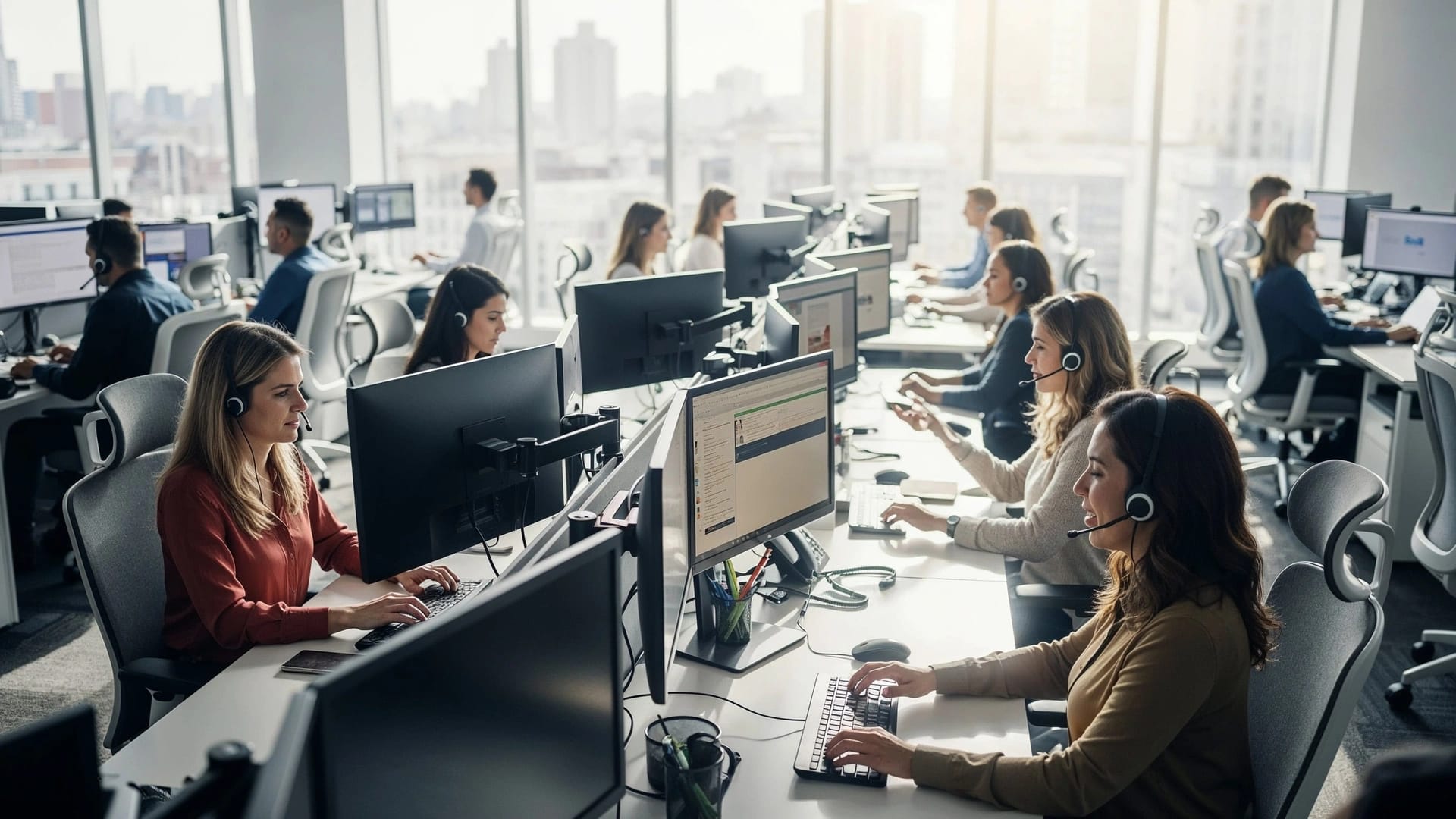 Ampio ufficio con numerose scrivanie occupate da addetti al customer care.