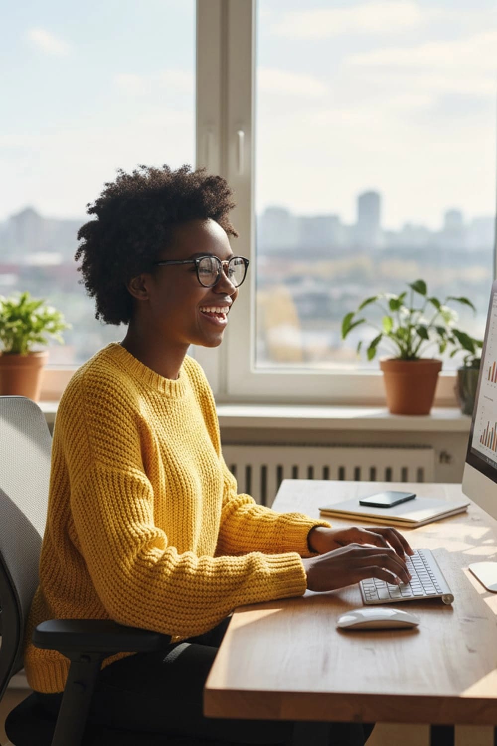 Primo piano di una ragazza con un maglione giallo mentre lavora felice al suo computer