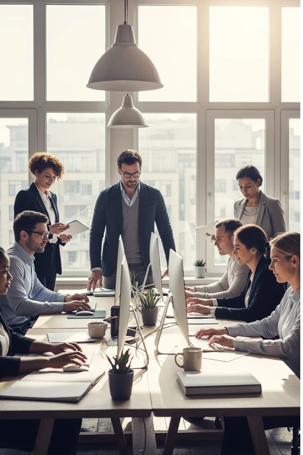 Immagine di un gruppo di persone al lavoro in un ufficio moderno e ben illuminato