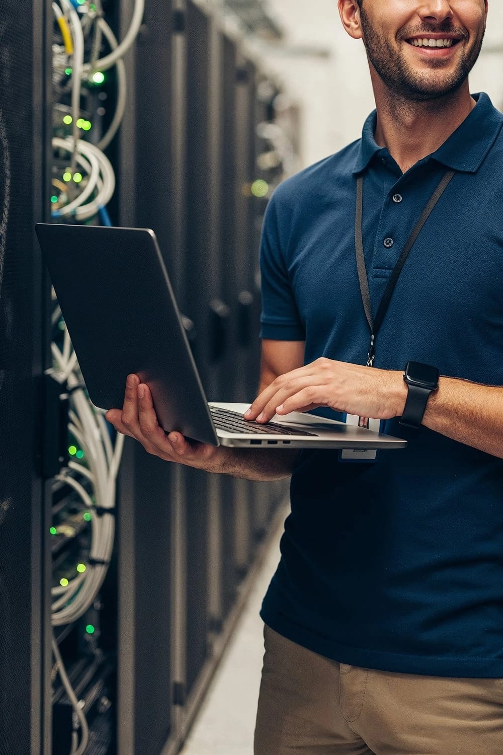 Primo piano di un tecnico IT al lavoro su dei server