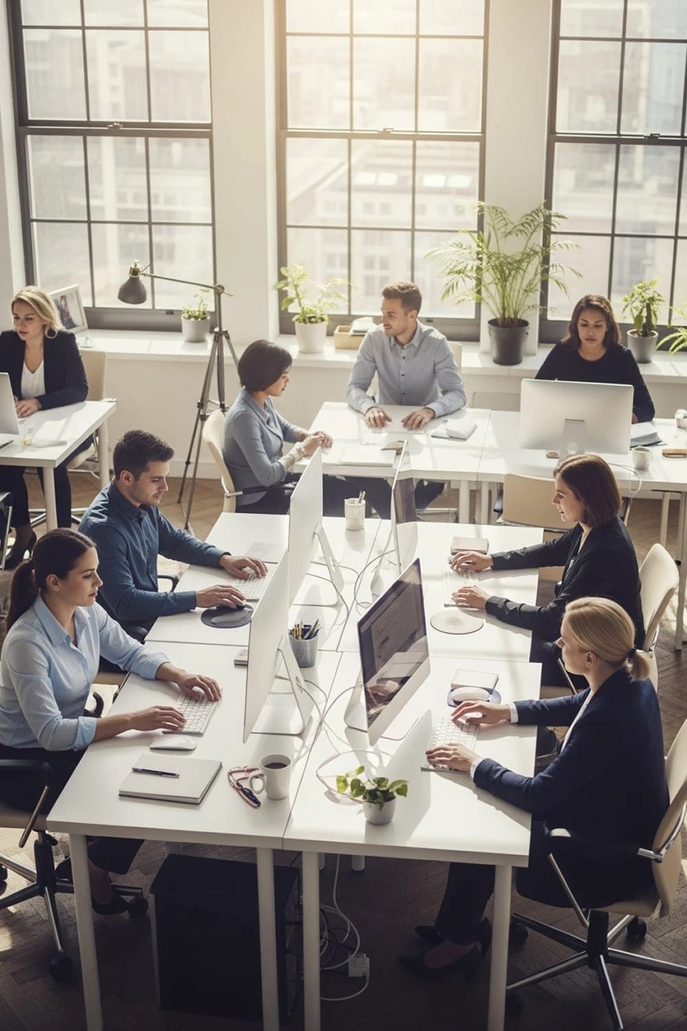 Scatto dall'alto di un ufficio moderno con diverse persone al lavoro