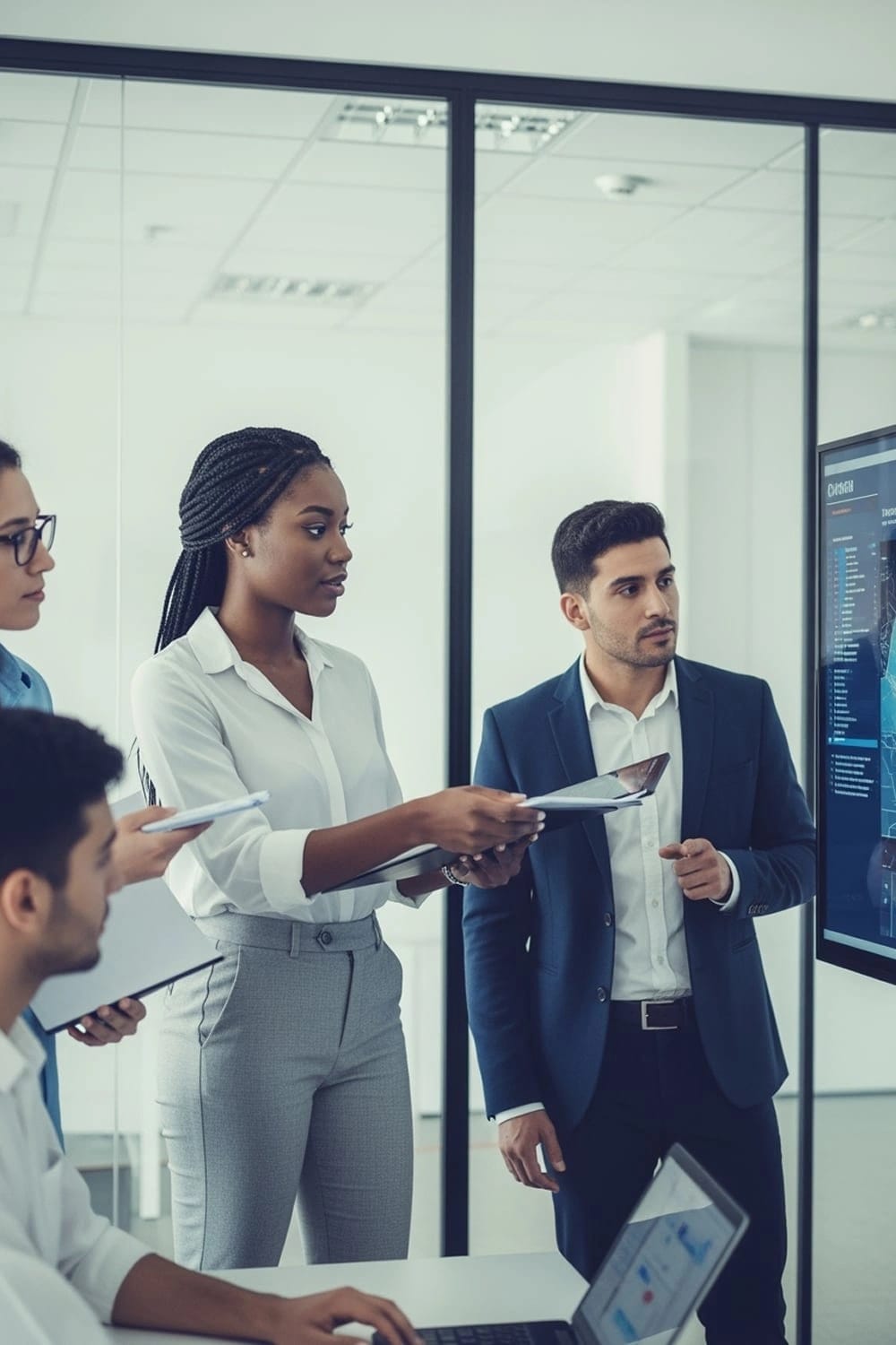 Un gruppo di quattro persone discute davanti ad un monitor