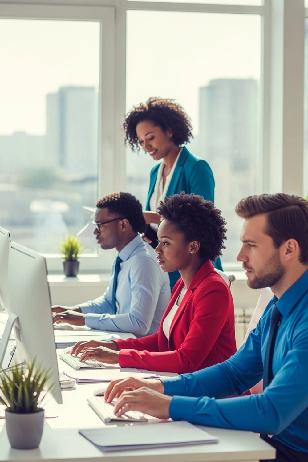 Primo piano di alcuni colleghi mentre lavorano ai propri computer in un ufficio moderno e ben illuminato