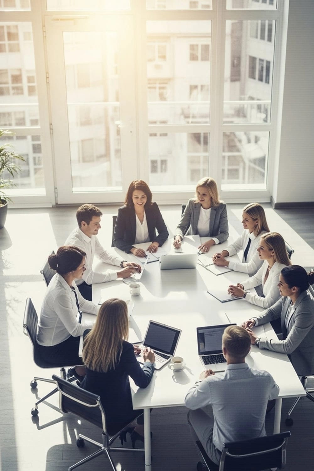 Scatto dall'alto di una sala riunioni moderna e ben illuminata con diverse persone che discutono seduta a un tavolo