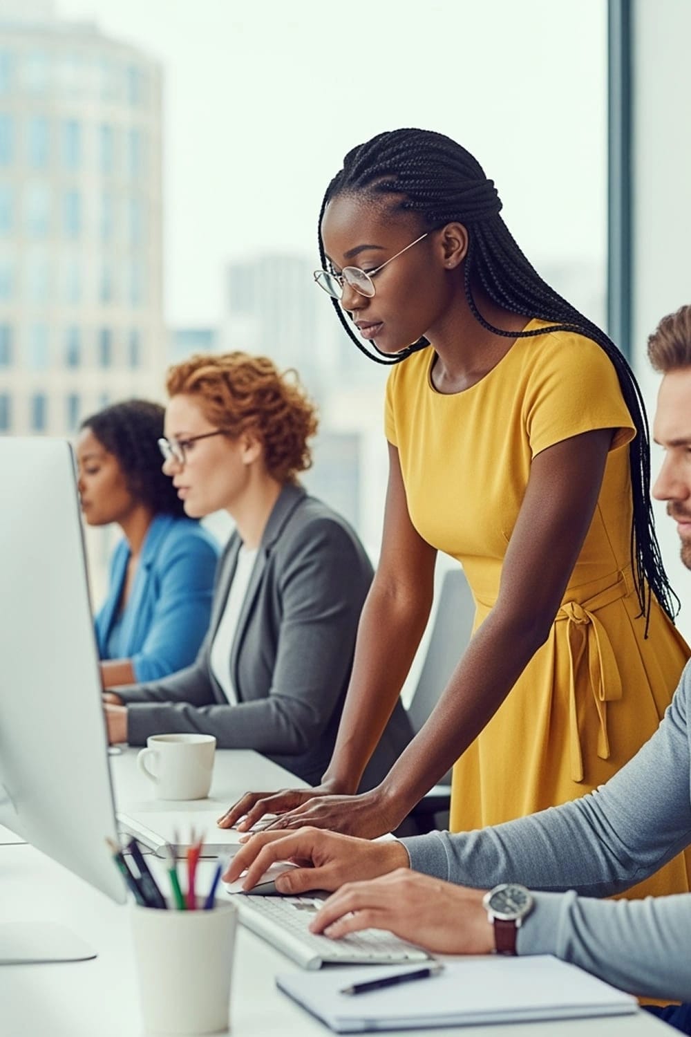 Primo piano di una ragazza con un vestito giallo sgargiante, mentre digita alla sua postazione