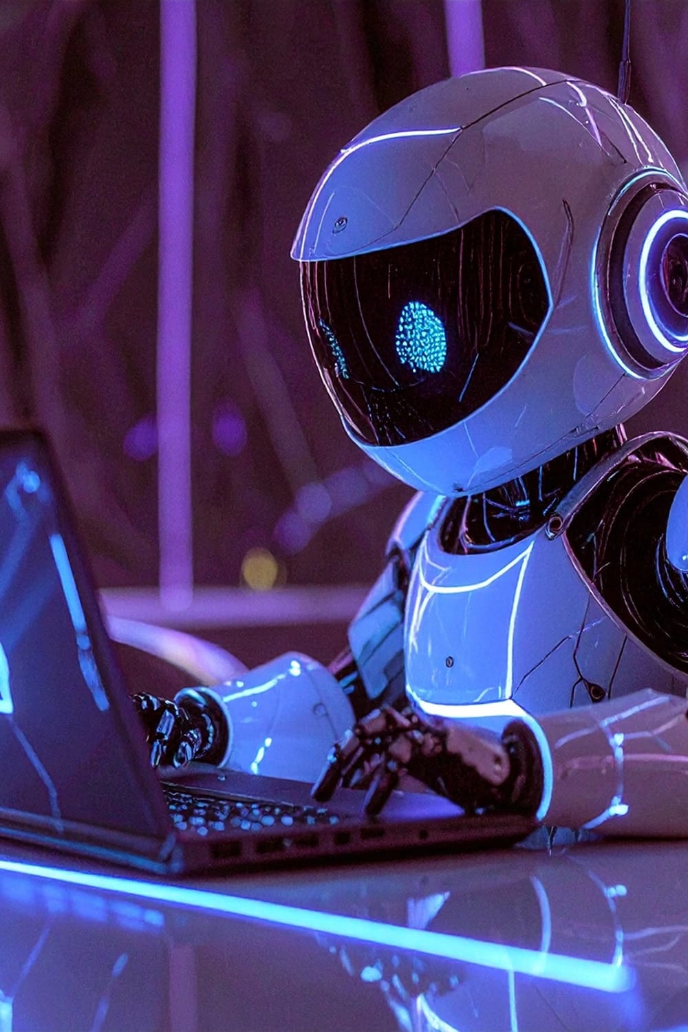 Primo piano di un piccolo robot futuristico mentre digita su un laptop