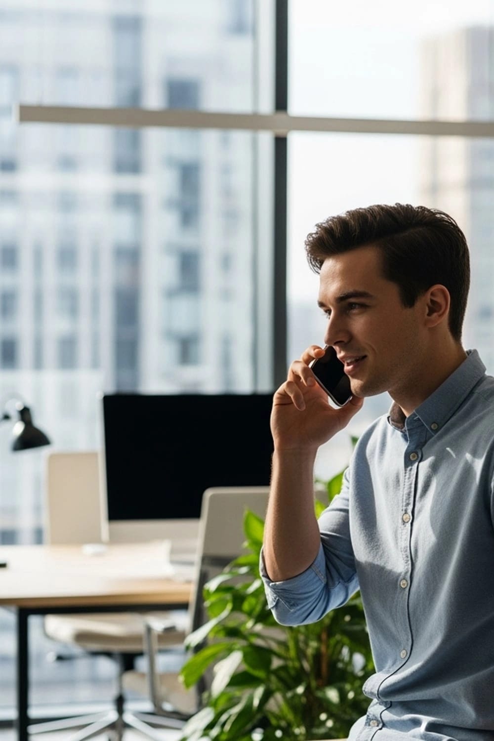 Ragazzo che telefona con un cellulare dal suo ufficio.